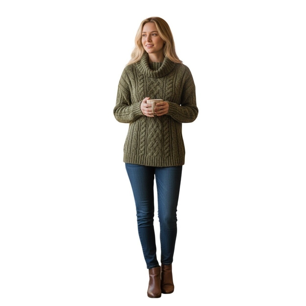 Old Navy Wool Angora Blend Cable Knit Cowl Neck Sweater Green‎ Cozy M